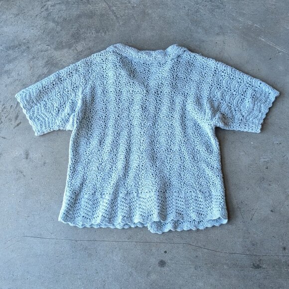 Vintage Jantzen Petite Blue Pointelle Knit Short Sleeve Collared Cardigan - Picture 7 of 7